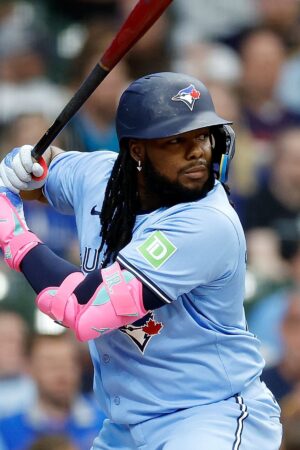 MILWAUKEE, WISCONSIN - JUNE 10: Vladimir Guerrero Jr. #27 of the Toronto Blue Jays up to bat \amb at American Family Field on June 10, 2024 in Milwaukee, Wisconsin. (Photo by John Fisher/Getty Images)