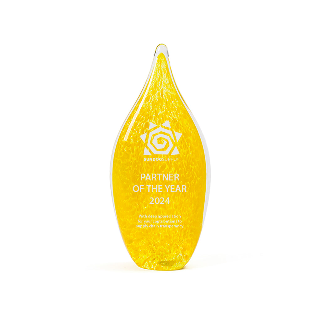 Glass trophy yellow engraved art glass