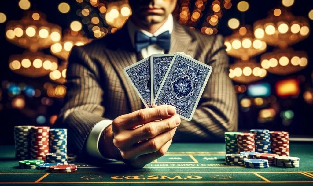 An image of a man sitting at a poker table, in a suit, holding 3 poker cards, with patterned back facing viewer, fanned in front of him.