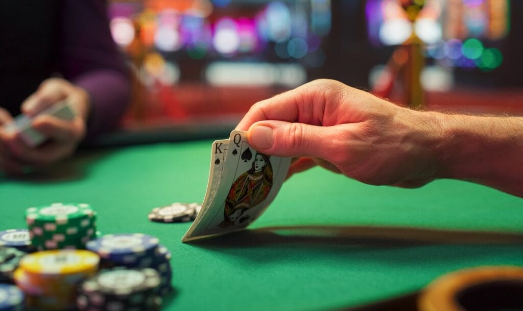 A hand holding playing cards at a poker table on a green felt table with casino chips.