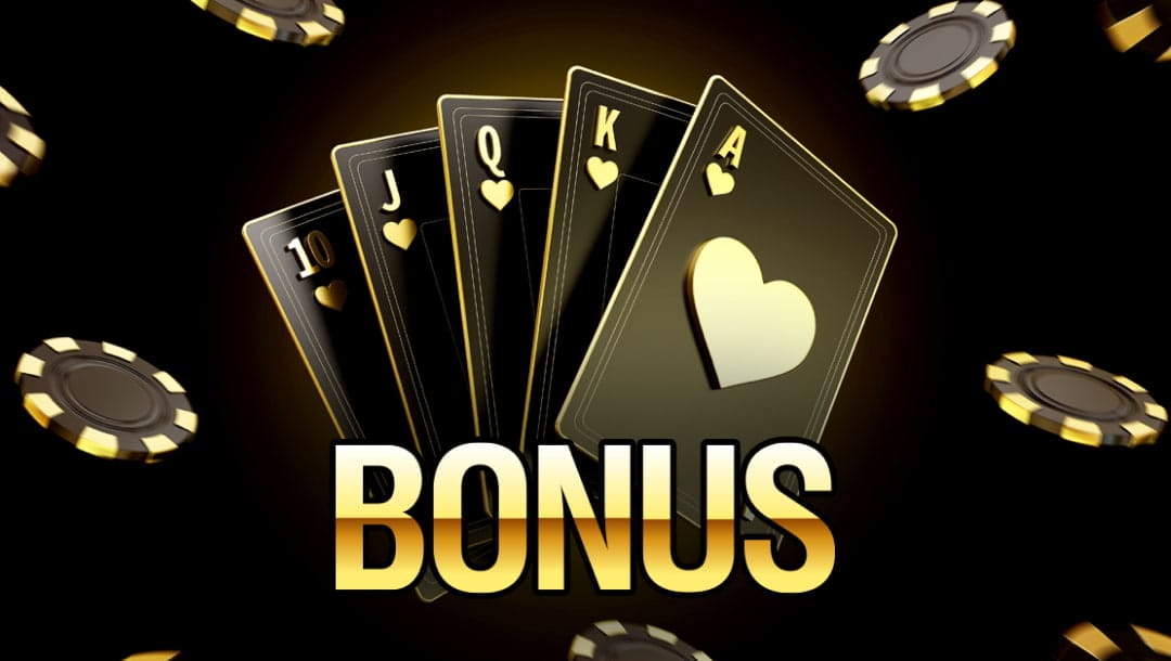 Black playing cards, and black poker chips, with “BONUS” in gold letters.