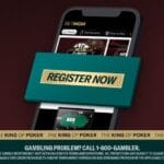 A smartphone loaded on BetMGM’s online poker platform with a banner reading “Register Now” over it, and responsible gambling information running across the bottom of the image.