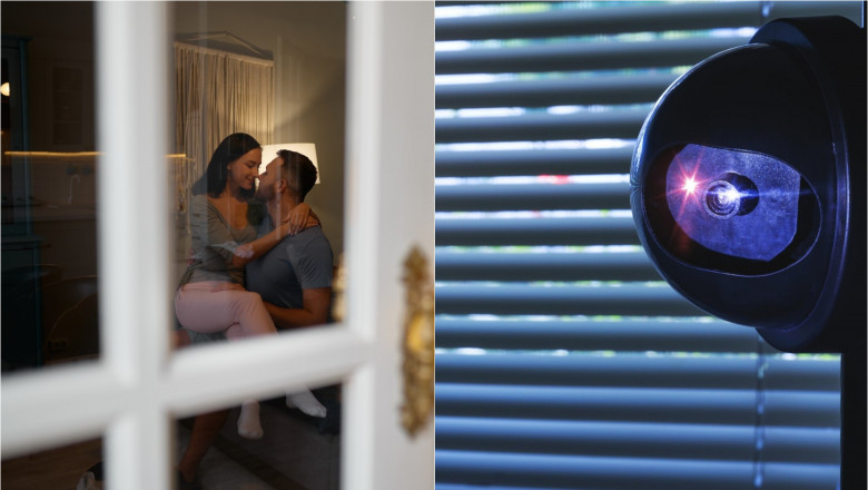 colaj ilustrativ cu un cuplu în dormitor și un dispozitiv de filmat
