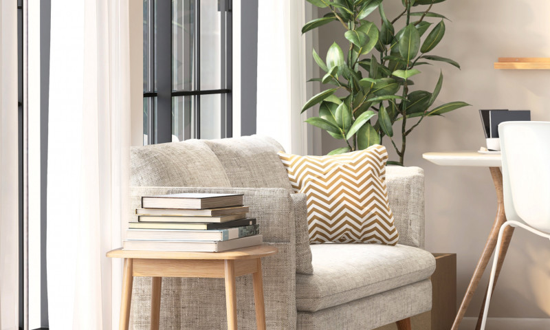 White fabric sofa, India rubber plant, wooden side table and desk in modern and luxury creamed wall and parquet floor room with sunlight from sheer curtain window