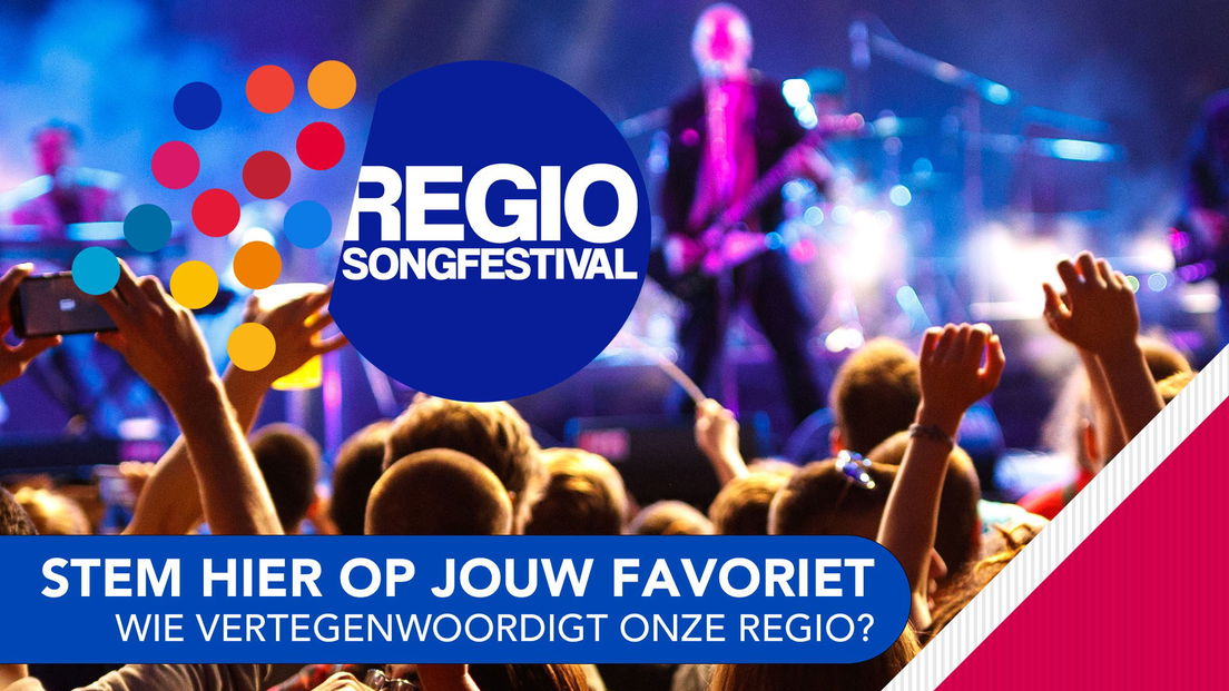 egio Songfestival. Tekst: "Stem hier op jouw favoriet. Wie vertegenwoordigt onze regio?" Achtergrond: concertpubliek en podium.