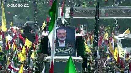 Funeral na TV iraniana exibe caixões de Haniyeh e de seu segurança cobertos com bandeira palestina