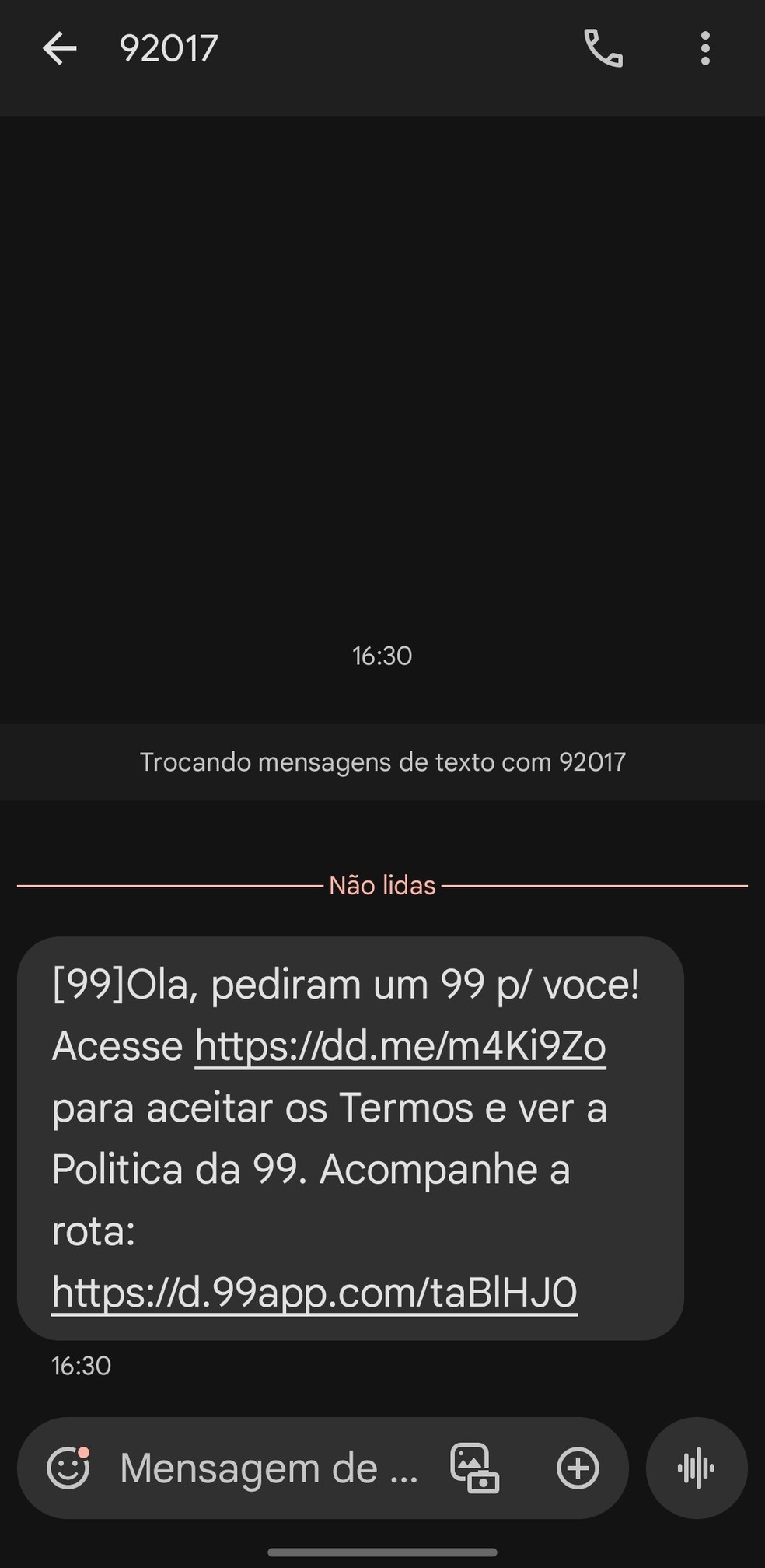 Após confirmação da corrida, a 99 envia ao passageiro uma mensagem de texto e link para acompanhar o trajeto  — Foto: Reprodução/Aplicativo 99