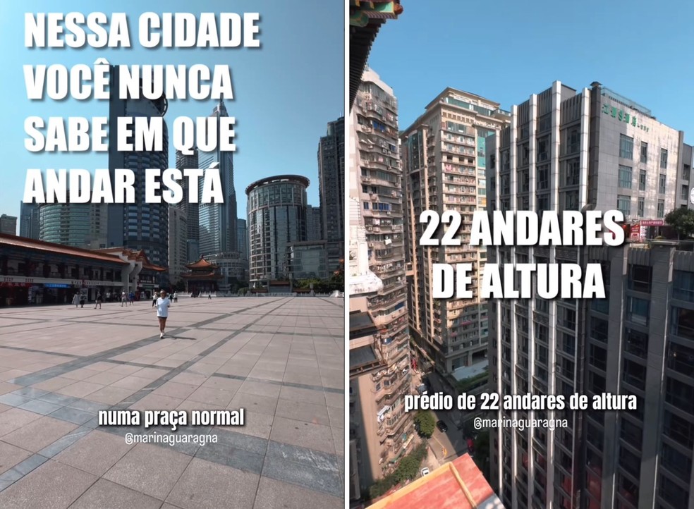 Uma das praças da cidade fica na mesma altura de um edifício de 22 andares — Foto: Instagram / @marinaguaragna / Reprodução