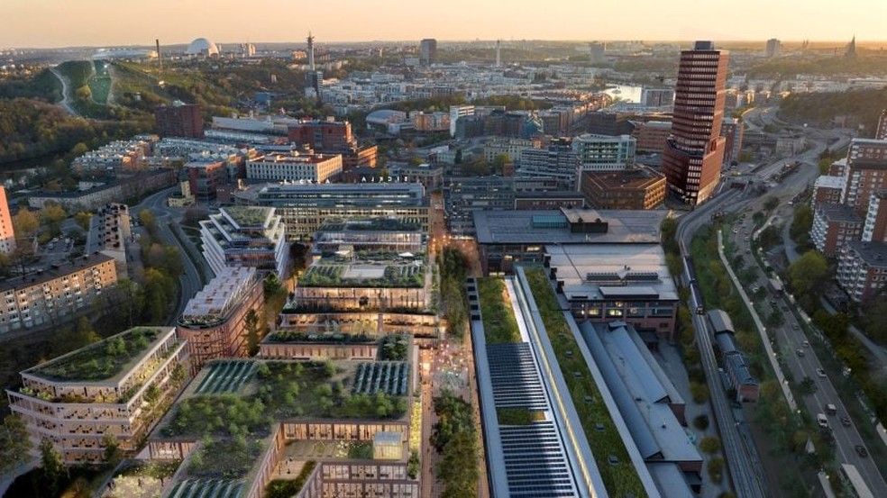 A cidade de 250 mil m² terá 7 mil escritórios e 2 mil casas — Foto: Divulgação/Henning Larsen e White Arkitekter
