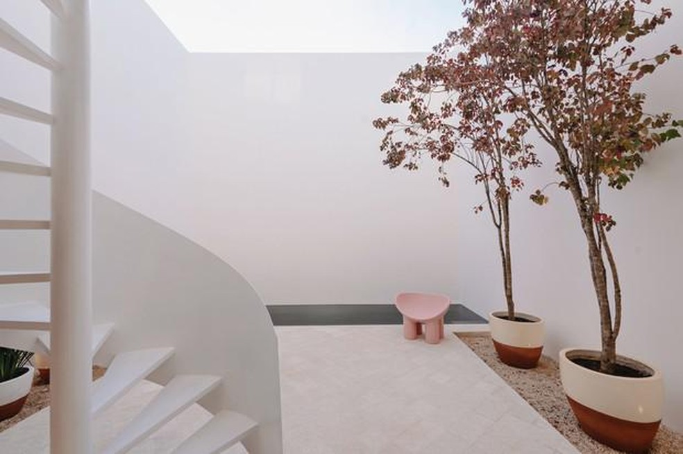 Uma piscina escura e um pequeno jardim integram área externa, junto à escada (Foto: Tamara Uribe) — Foto: Casa Vogue