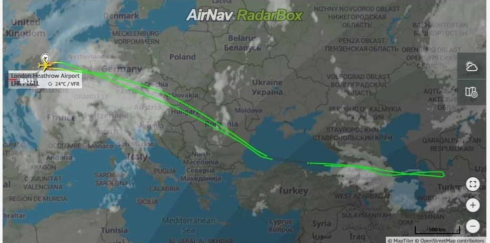 Rota feita pelo avião da British Airways — Foto: Reprodução