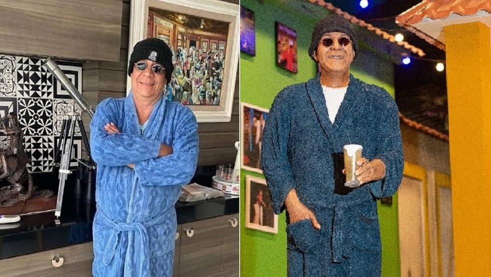 Look de Zeca Pagodinho no rio virou boneco que foi exposto no restaurante do cantor — Foto: reprodução