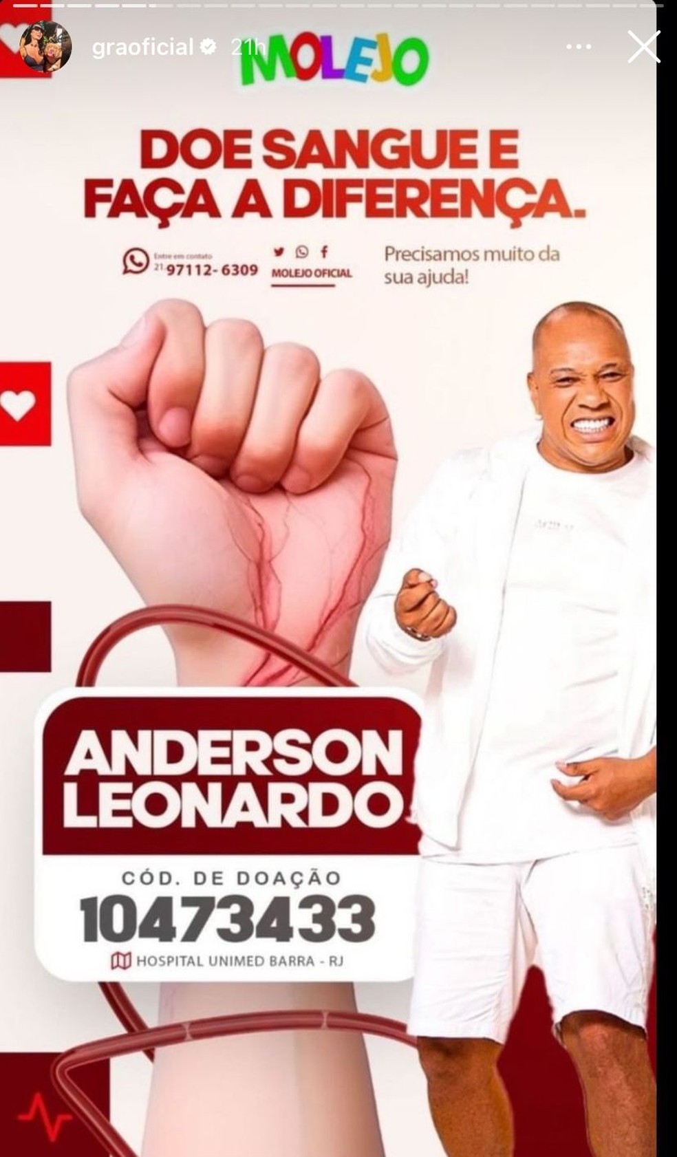 Gacyanne Barbosa pede doação para Anderson leonardo — Foto: Reprodução/ Instagram