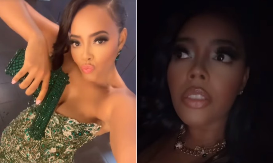 Angela Simmons com bolsa em formato de arma em premiação