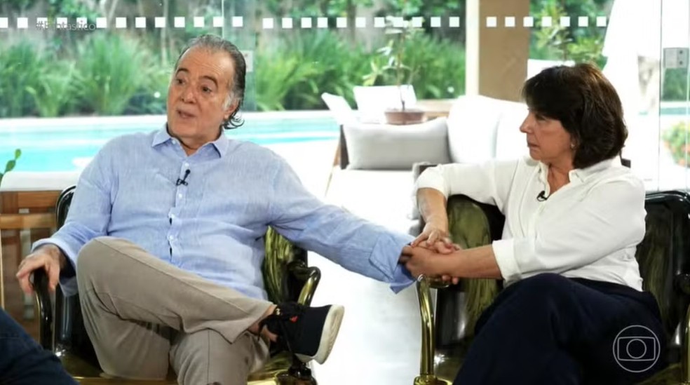 Tony Ramos e Lidiane Barbosa em entrevista ao 'Fantástico' após cirurgias do ator — Foto: Reprodução/Globo