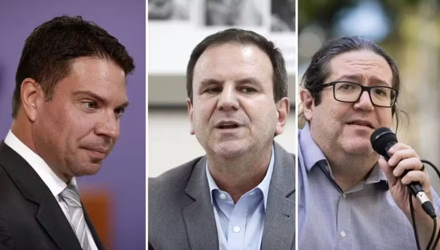 Os pré-candidatos à prefeitura do Rio: Alexandre Ramagem (PL), Eduardo Paes (PSD) e Tarcísio Motta (PSOL)
