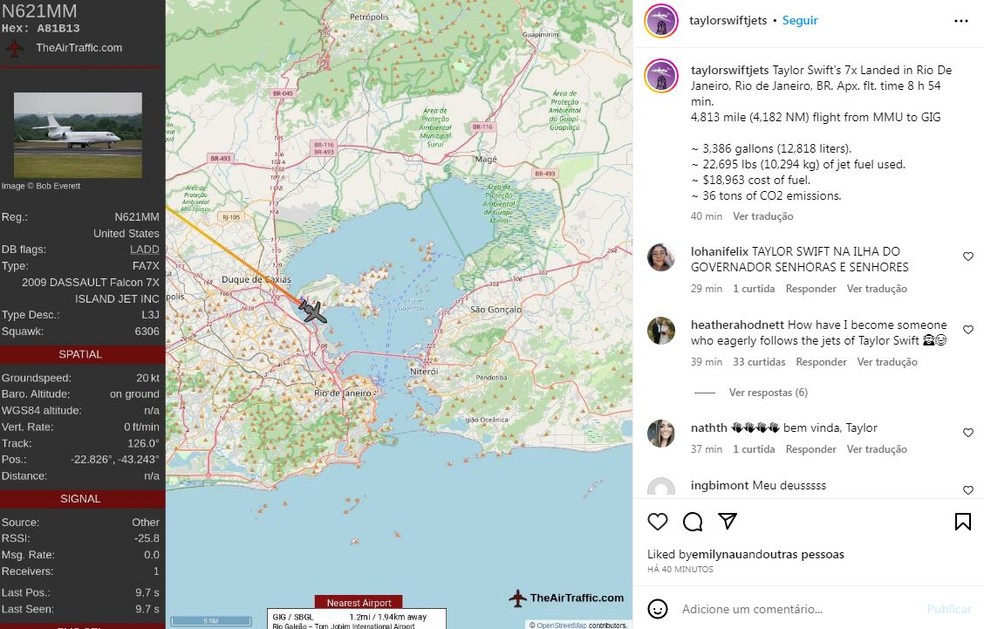 Perfil no Instagram mostra chegada de Taylor Swift ao Rio — Foto: Reprodução