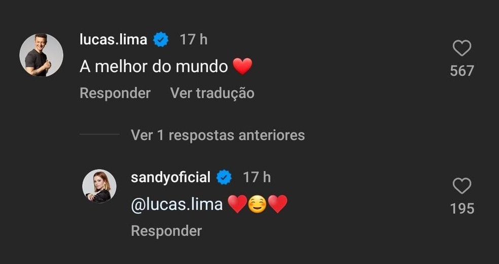 Lucas Lima comentou em uma publicação de Sandy 16h antes de anunciar o término do casamento — Foto: Reprodução