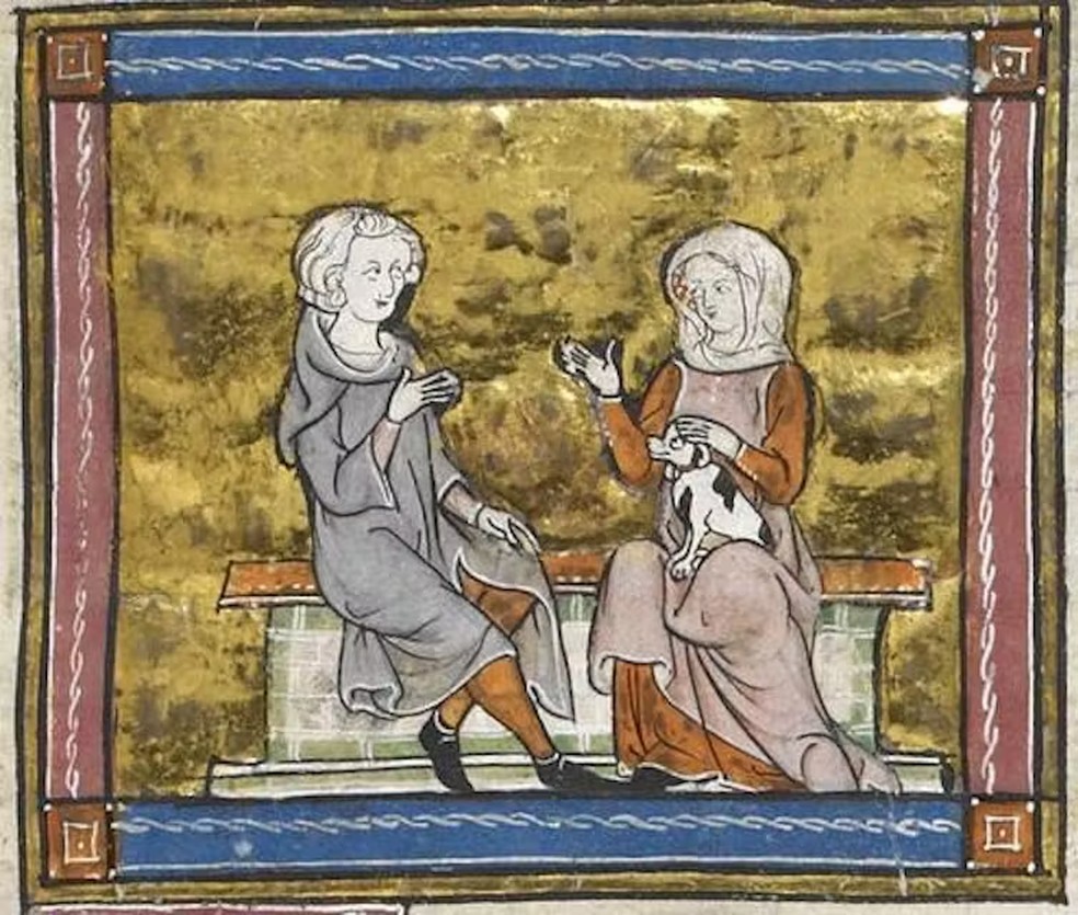 Uma representação de Sir Lancelot conversando com uma senhora segurando um cachorrinho (feita por volta de 1315-1325) — Foto: British Library