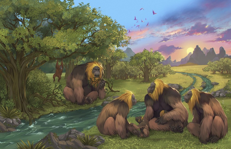 Ilustração do maior primata que já existiu, o ''Gigantopithecus blacki', em floresta no sul da China