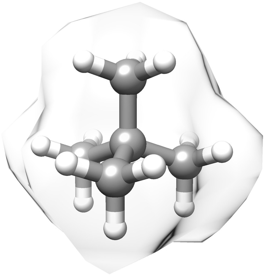 Uma imagem do terc-butano, o carbono quaternário mais simples