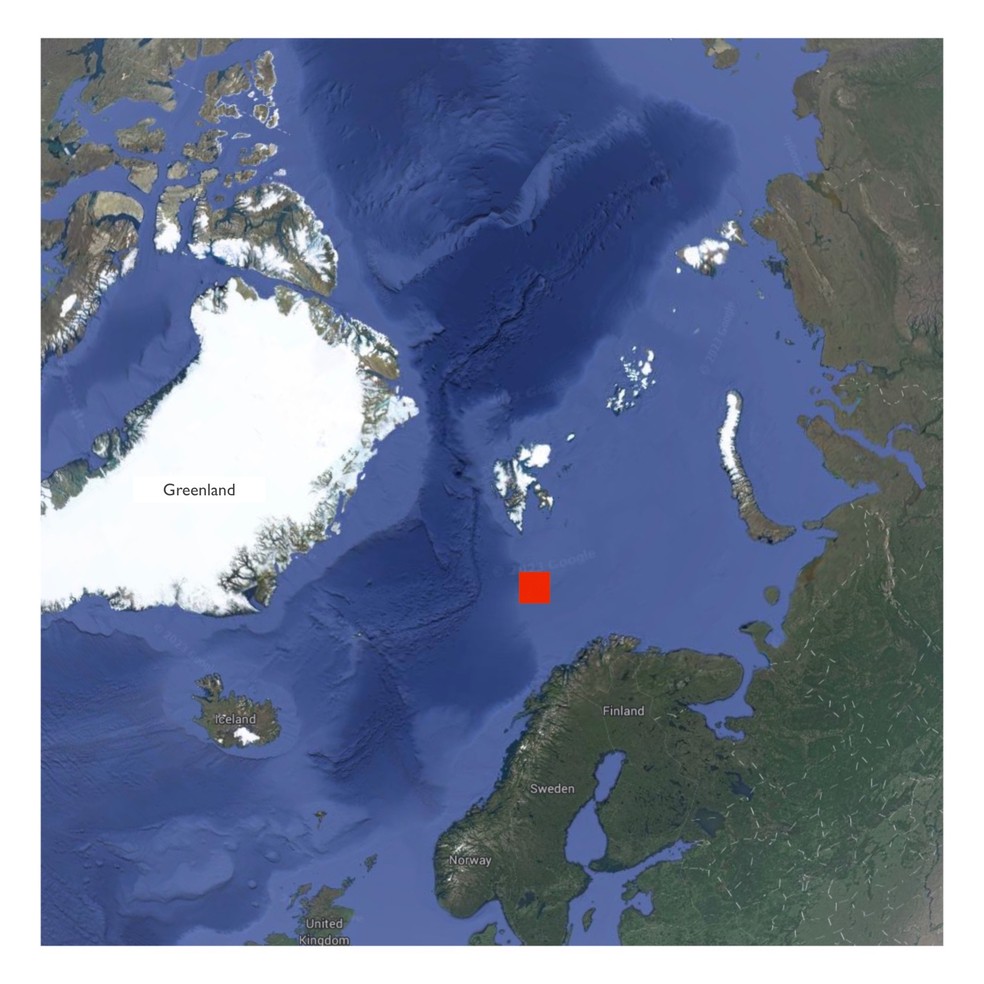Mapa de onde o vulcão foi descoberto ao sul de Bjørnøya, na Noruega  — Foto: Universidade Ártica da Noruega/Google
