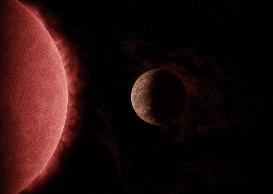Ilustração do exoplaneta SPECULOOS-3 b orbitando sua estrela anã vermelha