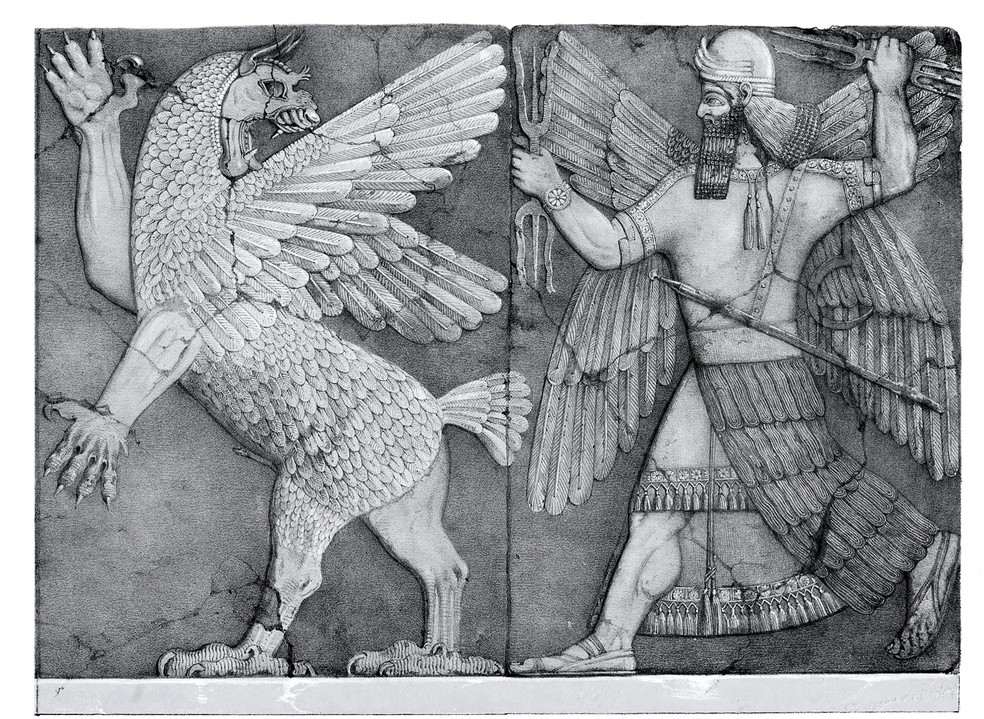 O grifo tem sido uma figura proeminente na arte e literatura mitológica desde pelo menos o 4º milênio a.C — Foto: Ilustração de L. Gruner, de Layard (1853)