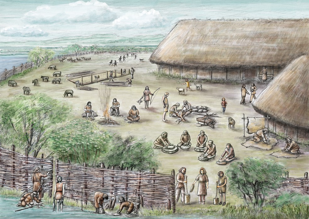 Reconstrução da vida na aldeia há 5 mil anos em Oldenburg LA 77 — Foto: Susanne Beyer, Universidade de Kiel