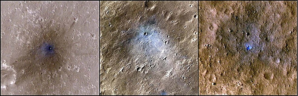 Colagem mostra três impactos de meteoritos detectados pela primeira vez pelo sismômetro no módulo de pouso InSight da NASA e, depois, captado pela câmera da sonda Mars Reconnaissance Orbiter — Foto: Divulgação/Nasa/JPL-Caltech/University of Arizona