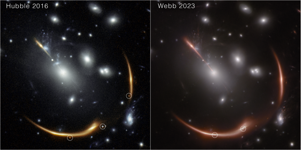 Esquerda: Em 2016, o Telescópio Hubble avistou uma supernova com imagem multiplicada, apelidada de Supernova Requiem, em uma galáxia distante lenteada pelo aglomerado de galáxias intermediário MACS J0138. Direita: Em novembro de 2023, James Webb identificou uma segunda supernova com imagem multiplicada na mesma galáxia usando seu instrumento NIRCam — Foto: NASA, ESA, STScI, Steve A. Rodney (University of South Carolina) and Gabriel Brammer (Cosmic Dawn Center/Niels Bohr Institute/University of Copenhagen), CSA, STScI, Justin Pierel (STScI) and Andrew Newman (Carnegie Institution for Science)