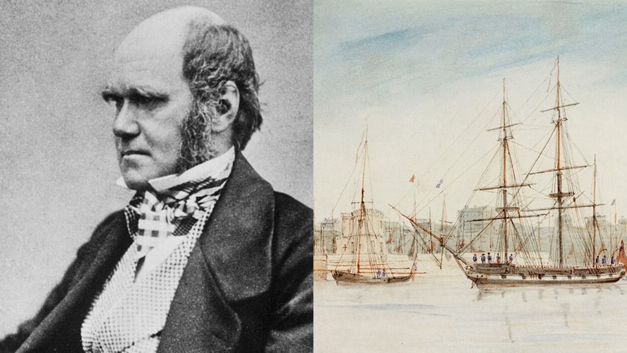 Darwin em 1854, poucos anos antes da publicação de 'A Origem das Espécies', e pintura do HMS Beagle por Owen Stanley (1841)