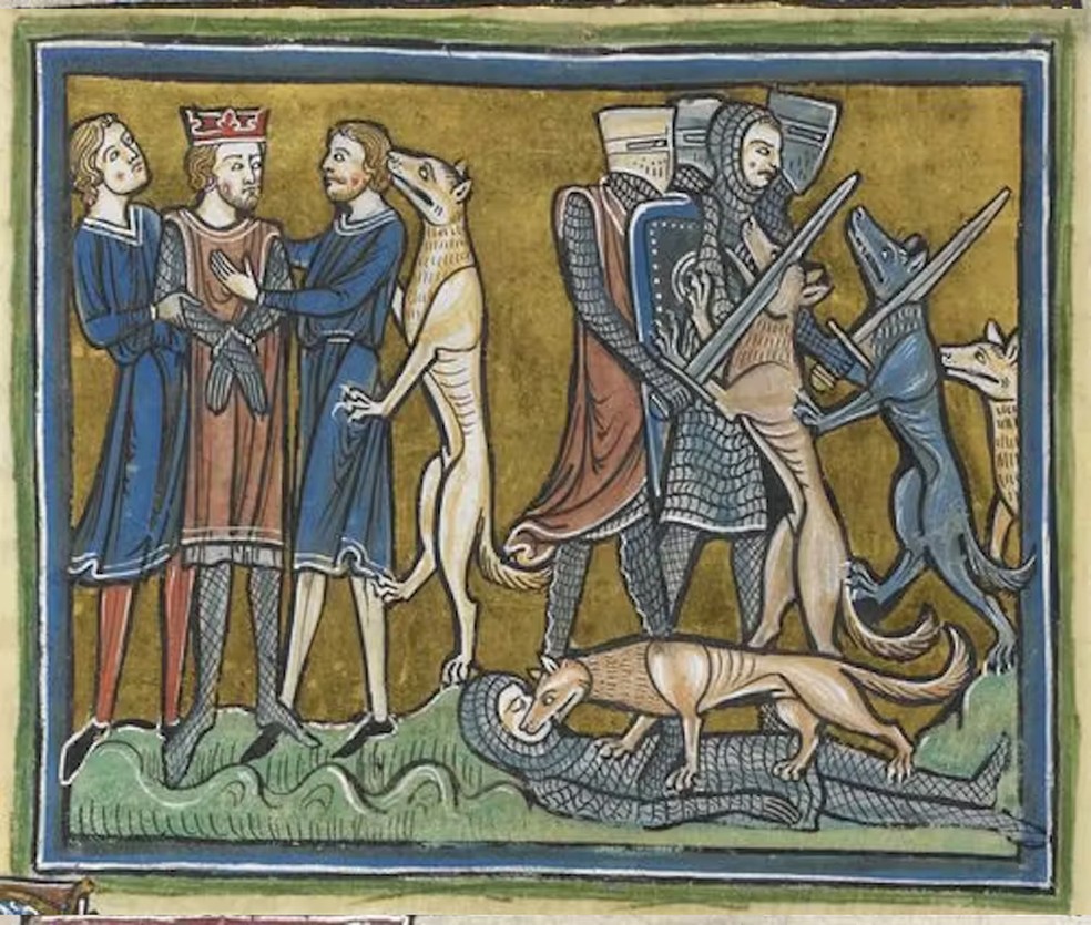 Detalhe de representação do Rei Garamantes, sendo resgatado por seus cães, do Bestiário de Rochester (feita por volta de 1230) — Foto: British Library