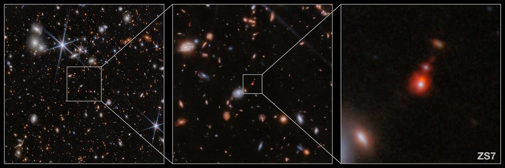 Uma fusão contínua de duas galáxias e dos seus buracos negros massivos quando o Universo tinha apenas 740 milhões de anos — Foto: ESA/Webb, NASA, CSA, J. Dunlop, D. Magee, PG Pérez-González, H. Übler, R. Maiolino, et. tudo