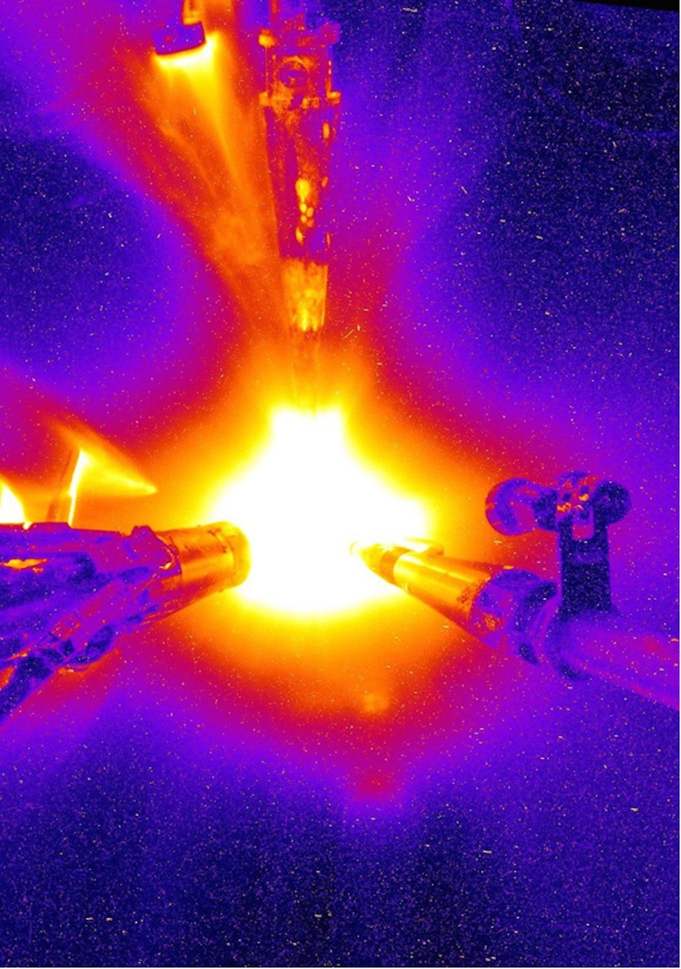 Imagem colorizada de experimento de fusão no Laboratório Nacional Lawrence Livermore, EUA. — Foto: Lawrence Livermore National Laboratory
