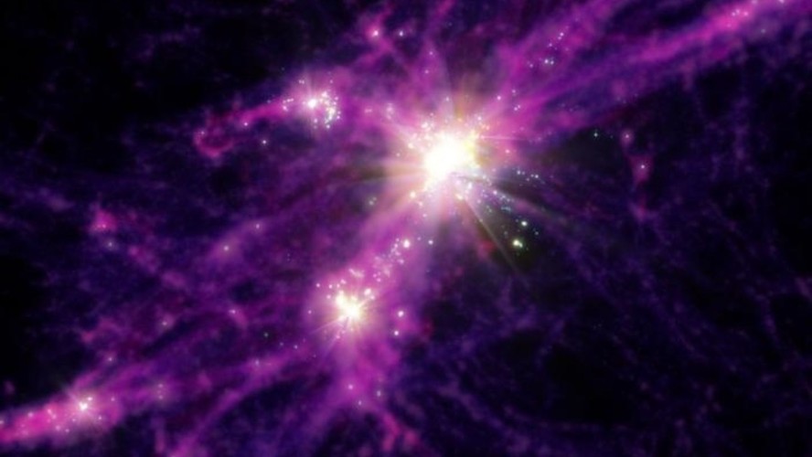 Concepção artística das primeiras galáxias com formação de estrelas obtida a partir de dados da simulação FIRE que podem explicar os resultados recentes de James Webb. Estrelas e galáxias são mostrada