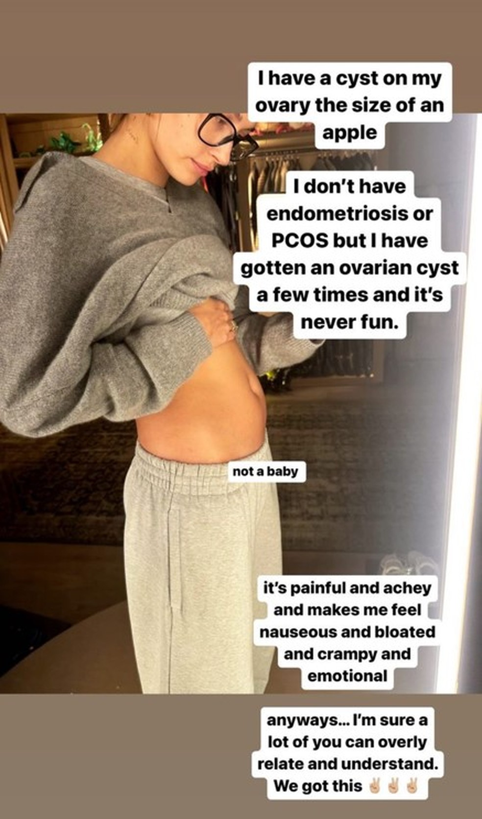 Hailey Bieber revela cisto no ovário — Foto: Reprodução/Instagram