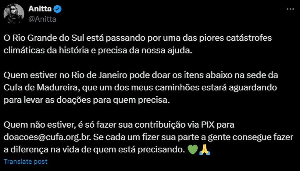 Anitta pede doações para o Rio Grande do Sul — Foto: Reprodução/Instagram