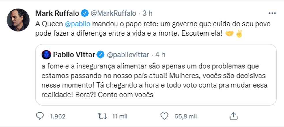 Mark Ruffalo retuita Pabllo Vittar: "A Queen @pabllo mandou o papo reto" — Foto: Reprodução/Twitter