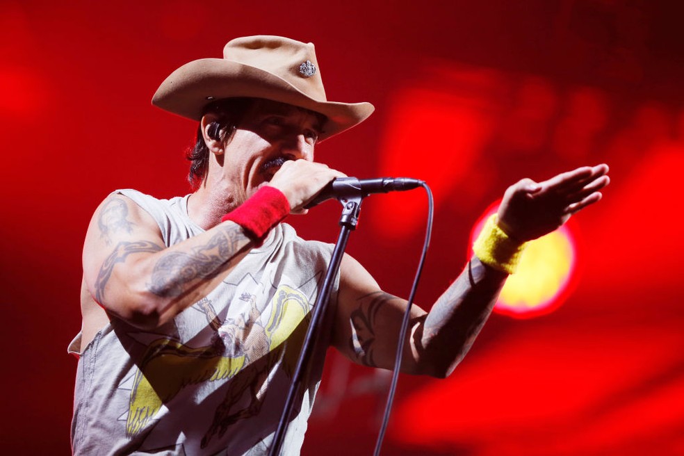 Anthony Kiedis no show do Red Hot Chilli Peppers durante o Rock in Rio 2019. — Foto: Getty Images