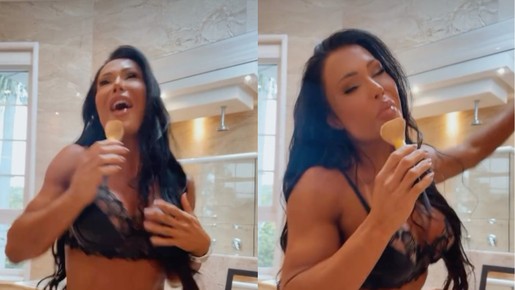 Gracyanne canta de lingerie e manda recado para Belo: 'Eu ainda insisto, mas demora não'