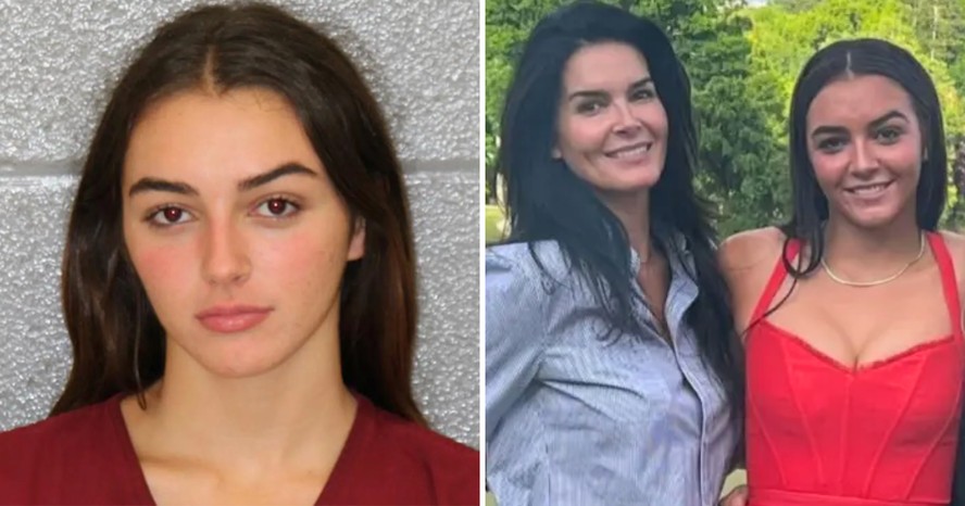 Avery Sehorn, filha da atriz Angie Harmon, em foto na delegacia; ela ao lado da mãe