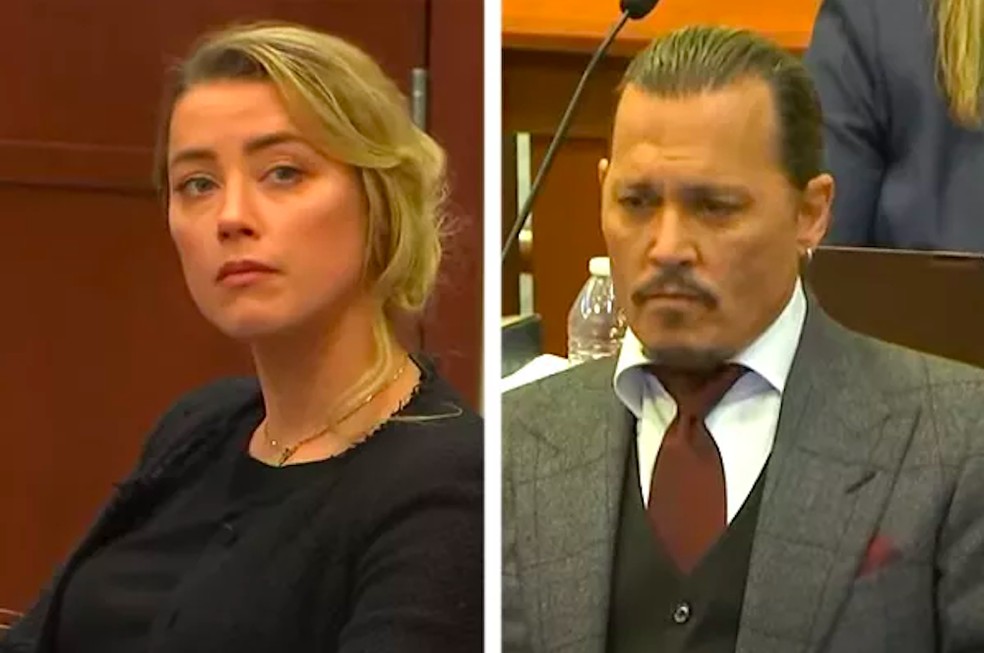 Amber Heard e Johnny Depp em julgamento — Foto: Reprodução