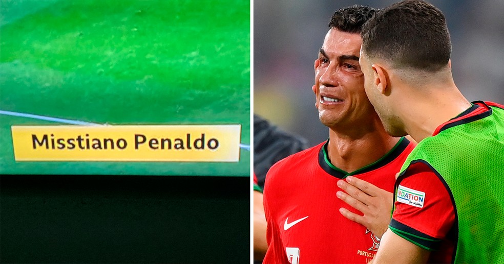 Grafismo exibido pela BBC momentos antes de Cristiano Ronaldo perder pênalti na Euro — Foto: reprodução/X e getty