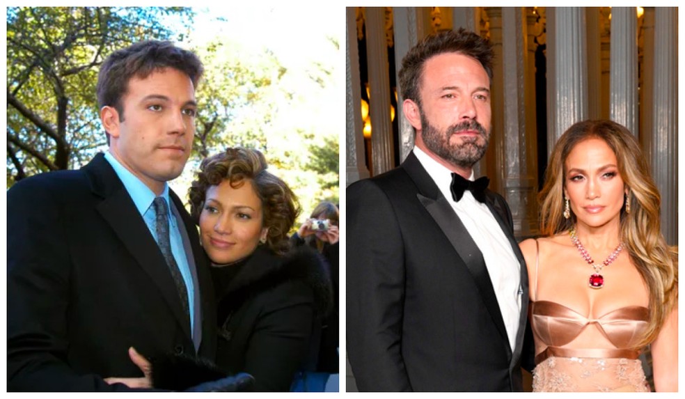 Ben Affleck e Jennifer Lopez viveram juntos entre 2002 e 2004, romperam, reataram em 2021 e trocaram alianças em 2022 — Foto: Getty Images