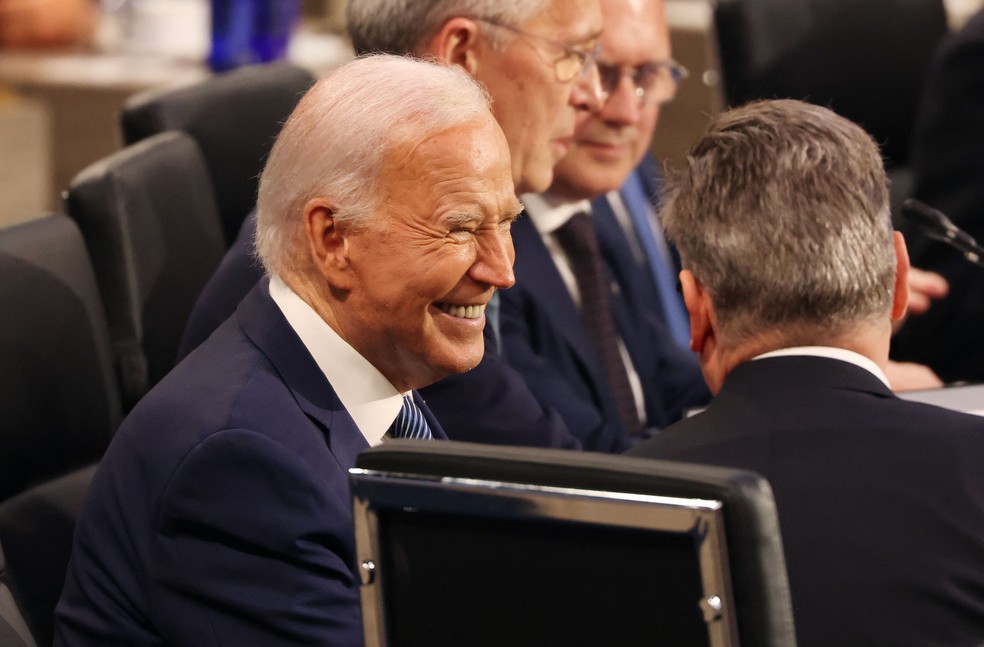Presidente dos EUA, Joe Biden, durante o primeiro dia de reunião da Otan em Washington — Foto: SAMUEL CORUM / AFP