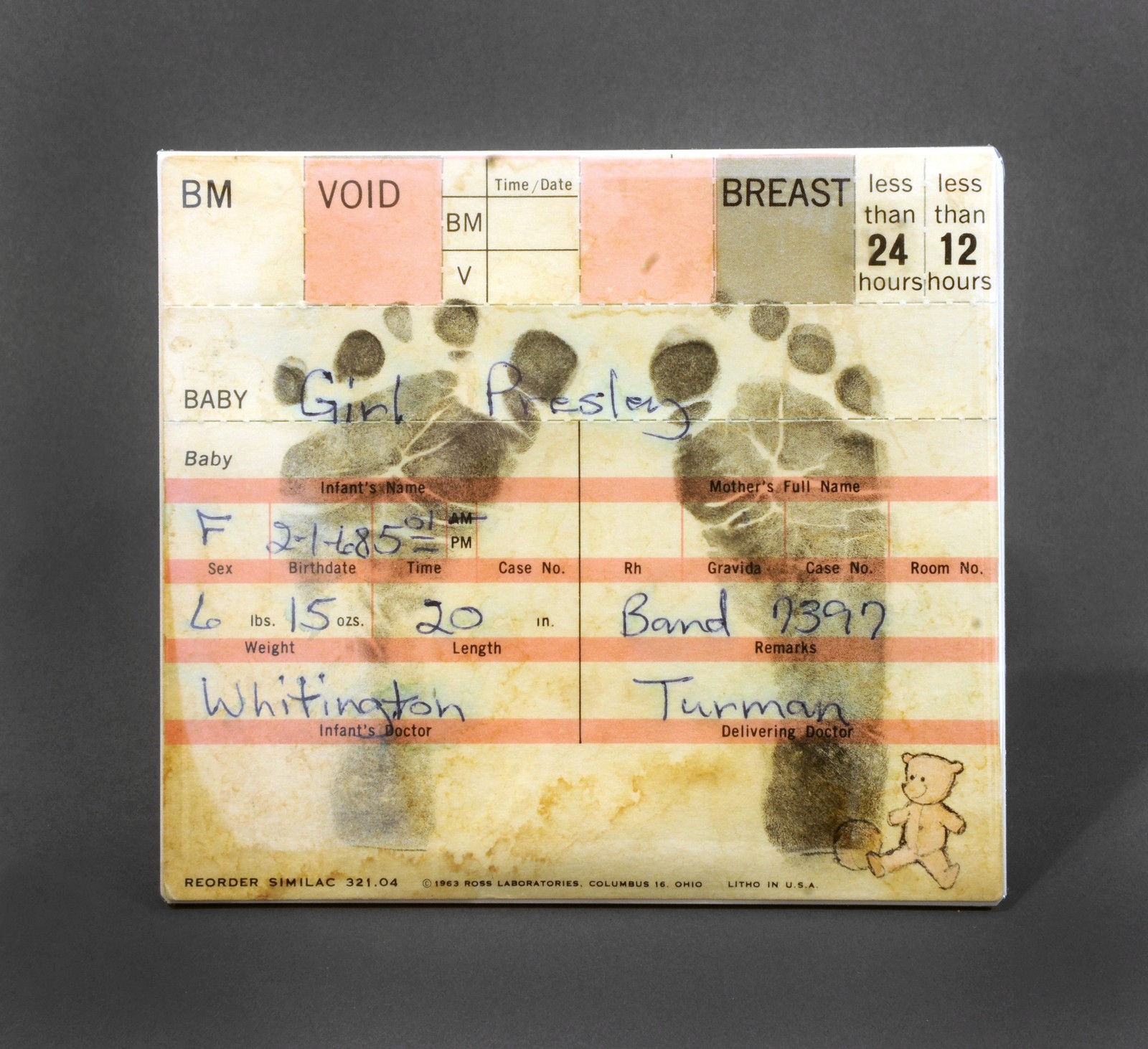 Registro de nascimento de Lisa Marie, em uma das exposições de Graceland — Foto: Divulgação / Elvis Presley Enterprises, Inc.