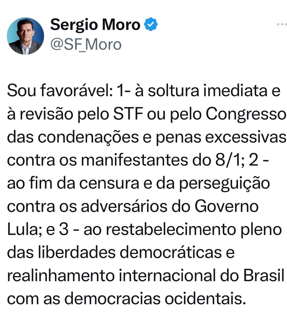 Postagem do senador Sergio Moro nas redes sociais — Foto: Twitter/Reprodução