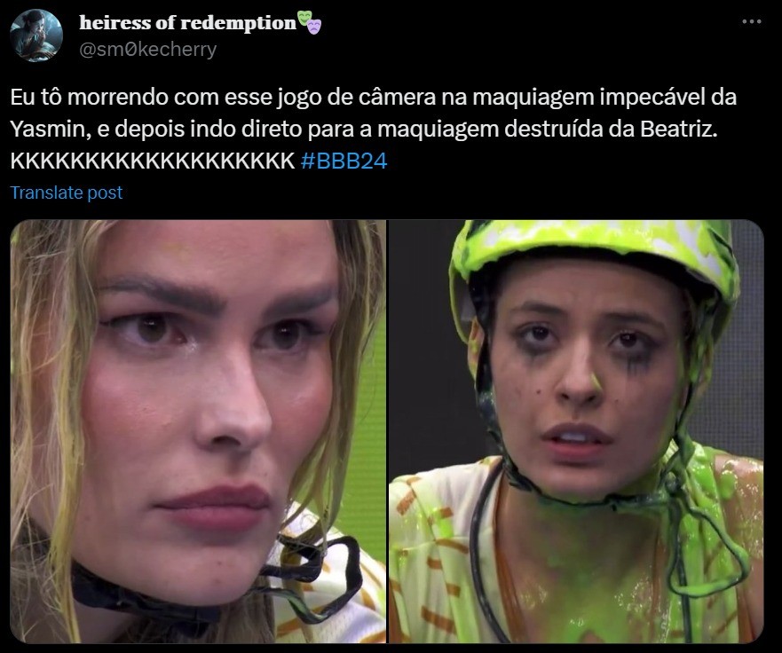 A diferença da resistência da maquiagem de Yasmin em comparação com a de Beatriz durante a primeira prova do líder virou meme — Foto: Reprodução/Twitter