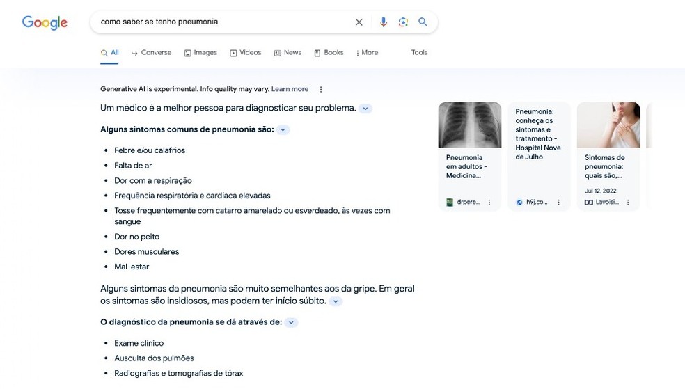 Resultado do SGE sobre pneumonia — Foto: Reprodução/Google